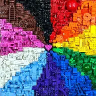 Een tentoonstelling van vele LEGO onderdelen, stenen en stukjes georganiseerd in een prachtige regenboog